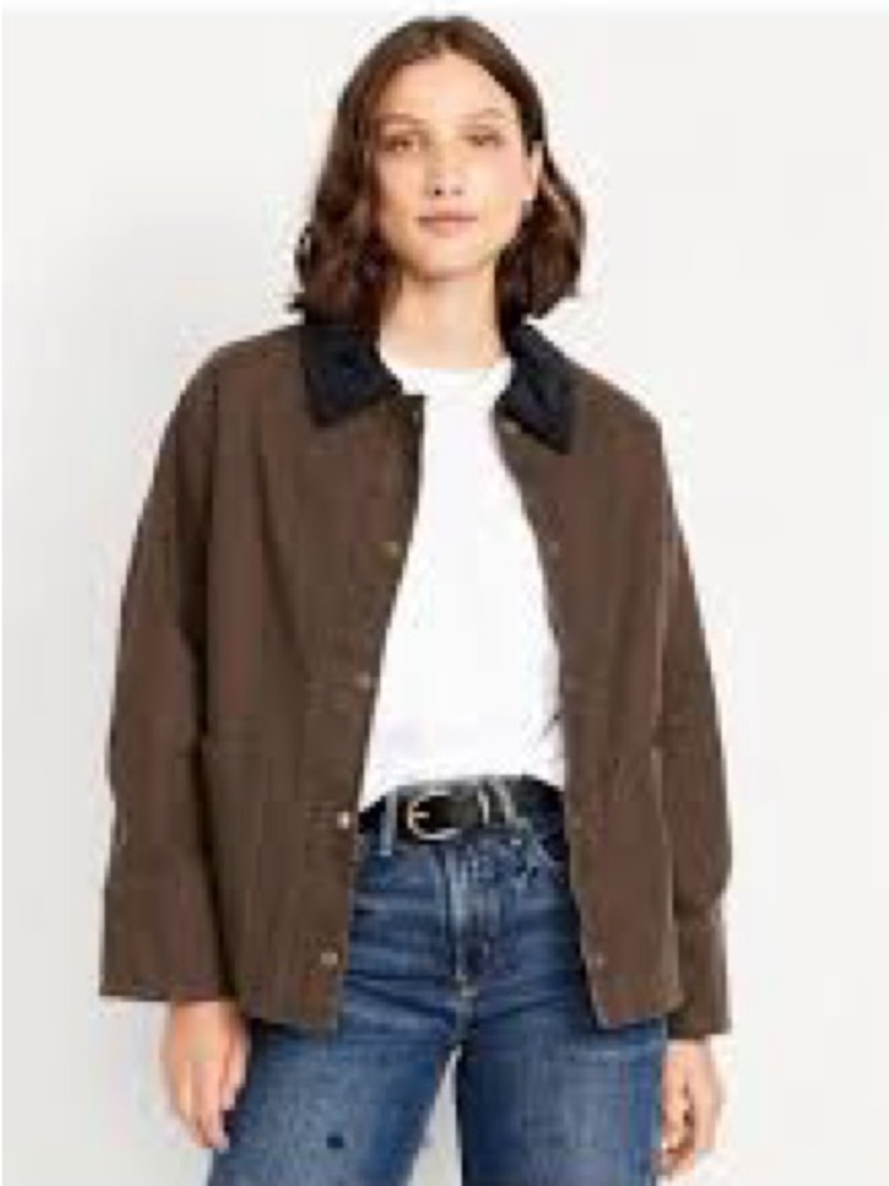 Viral Old Navy Canvas Barn Jacket with Corduroy Collar Dark Brown Small Petite